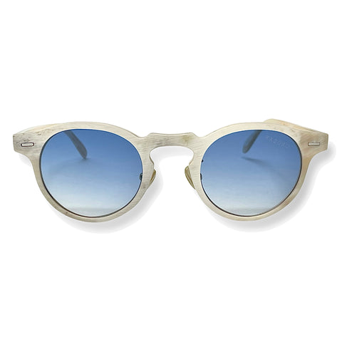 Bantam White Horn Sunglasses - Gradient Blue Lenses – Kazoku Lunettes